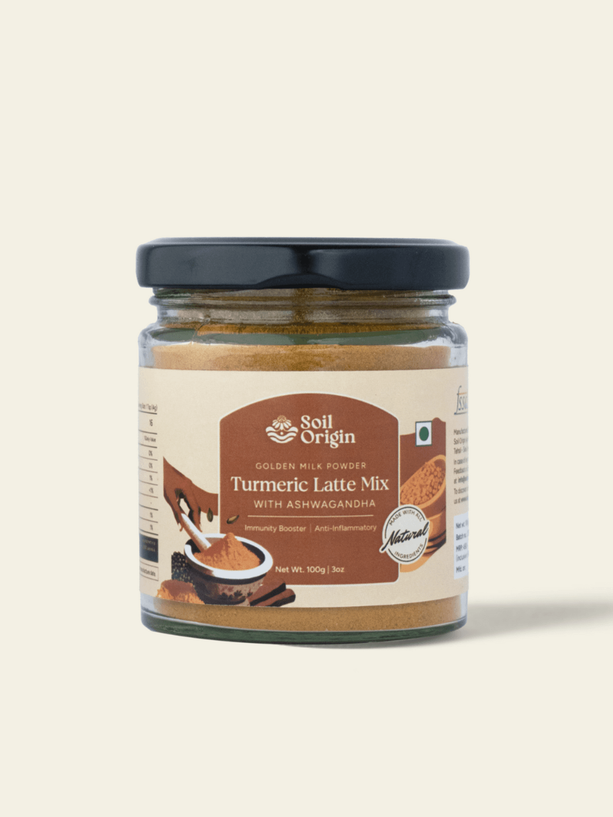 Soil Origin Turmeric Latte Mix With Ashwagandha | Goldern Milk Powder | Instant Mix | Immunity Booster | Antioxidant & Anti-Inflammatory - 100 Gmc Latte Mix With Ashwagandha | Goldern Milk Powder | Instant Mix | Immunity Booster | Antioxidant & Anti-Inflammatory - 100 Gm