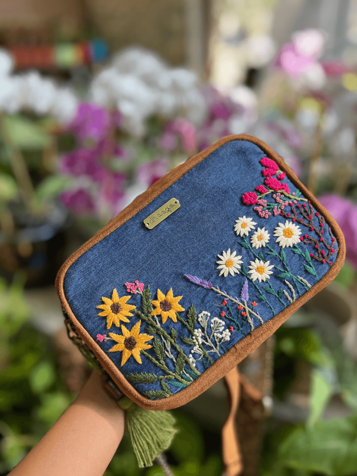 Garden Denim Vegan Suede Sling Bag