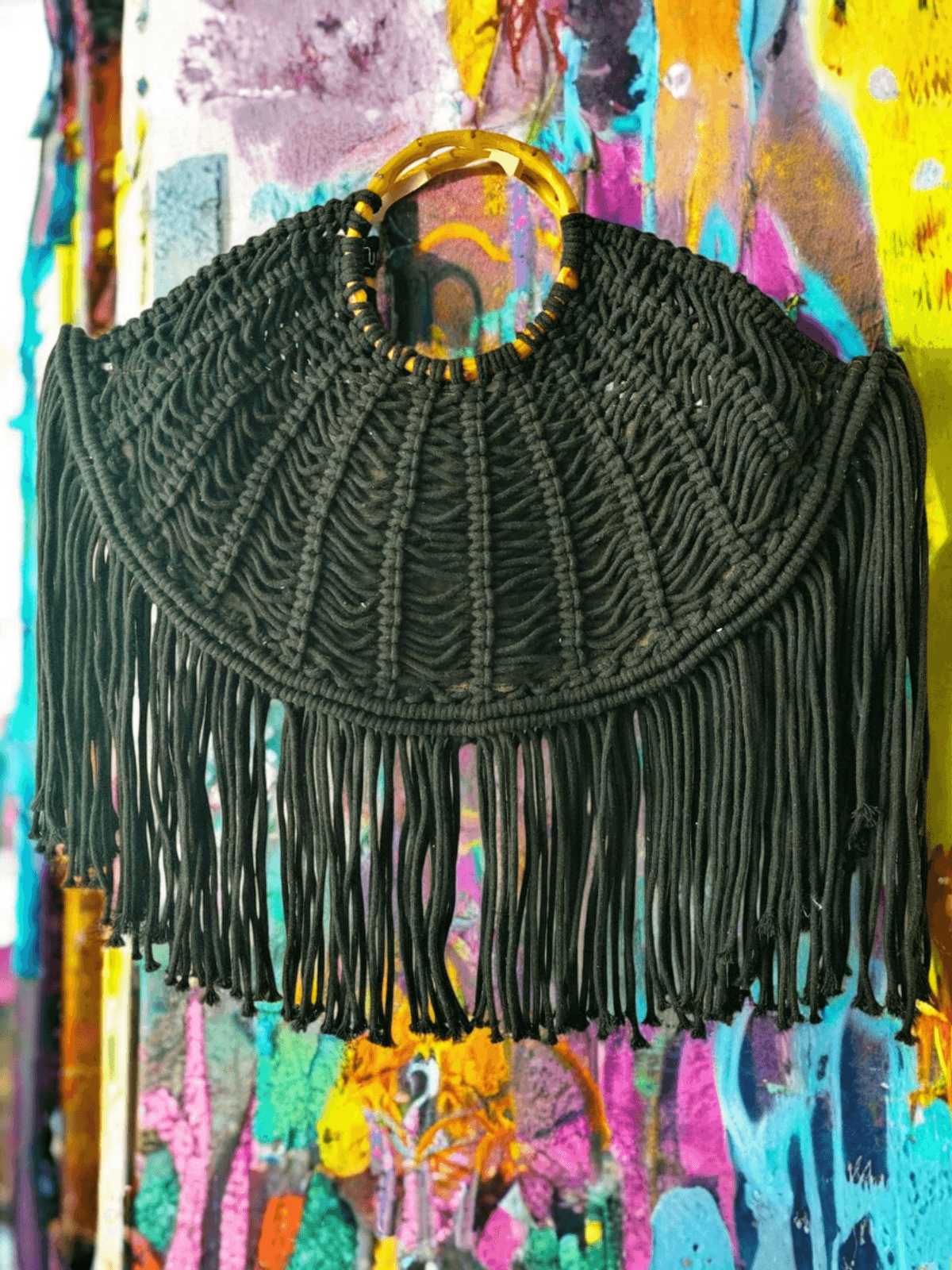 Fringed Macrame Boho Bag- Midnight Black
