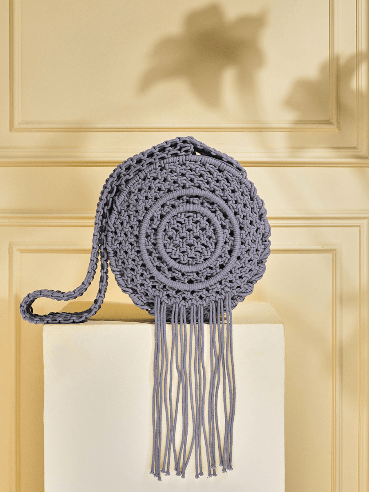 Round Macrame Fringe Boho Bag - Stormy Grey