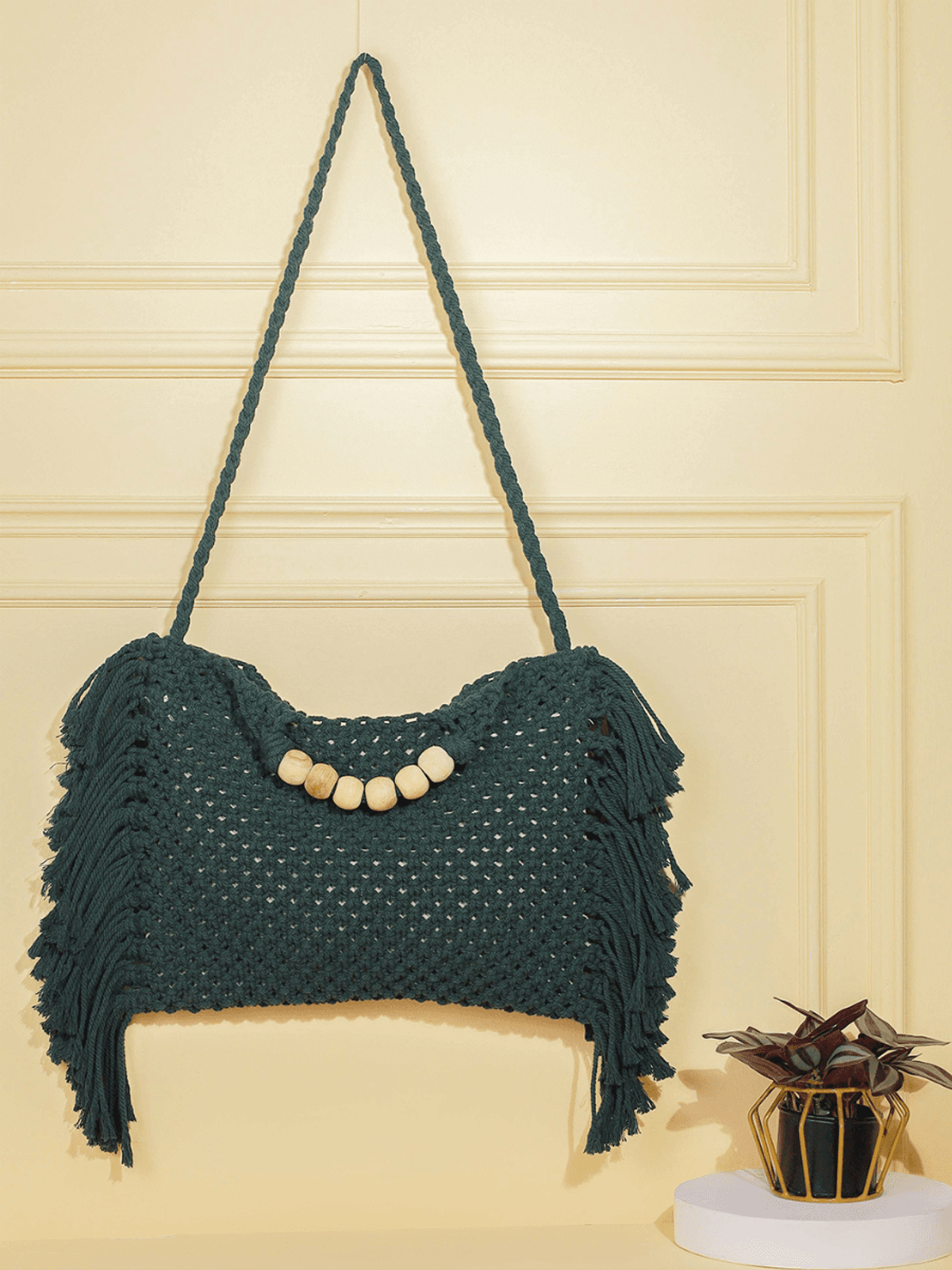 Fringed Boho Macrame Bag - Bottle green