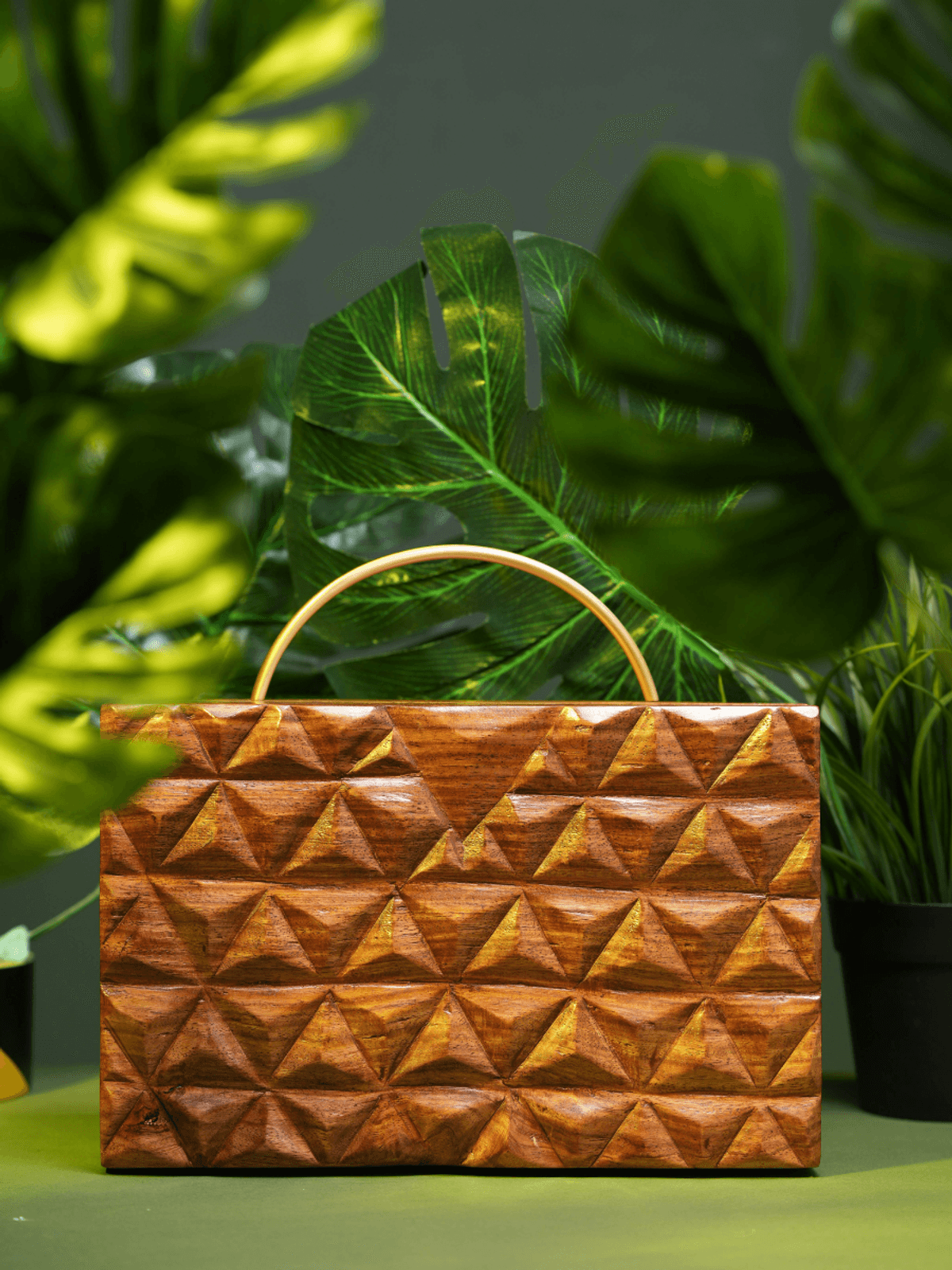 Handcarved Geometric pattern handbag with halfmoon handle