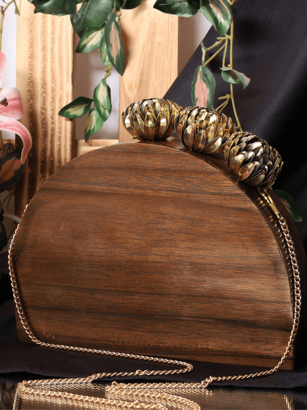 Semicircle Wooden bag with designer brass clasp