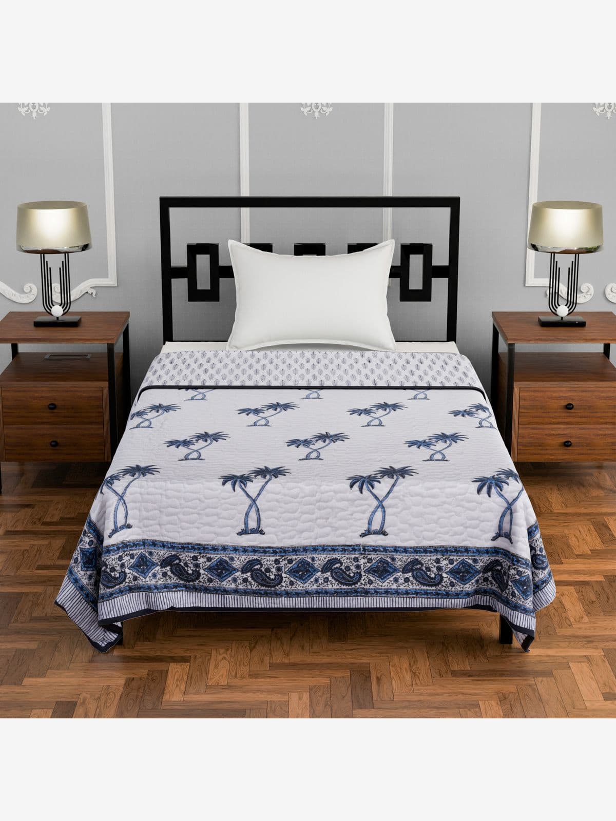 Lightweight quilted single hand block printed blanket Blue Coconut Trees Lightweight quilted single hand block printed blanket Blue Coconut Trees