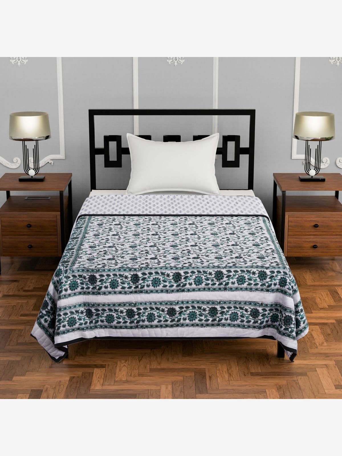 Lightweight quilted single hand block printed blanket Blue Green Florals Lightweight quilted single hand block printed blanket Blue Green Florals