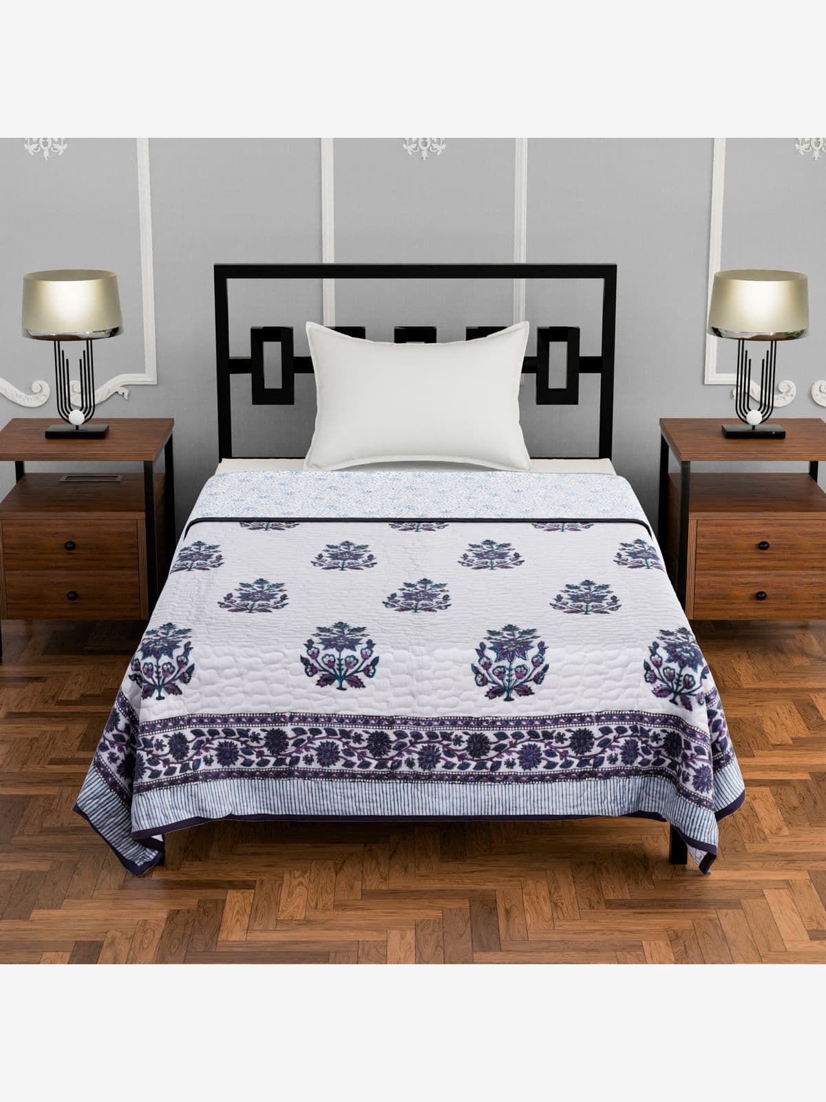 Lightweight quilted single hand block printed blanket Purple Blue Plants Lightweight quilted single hand block printed blanket Purple Blue Plants