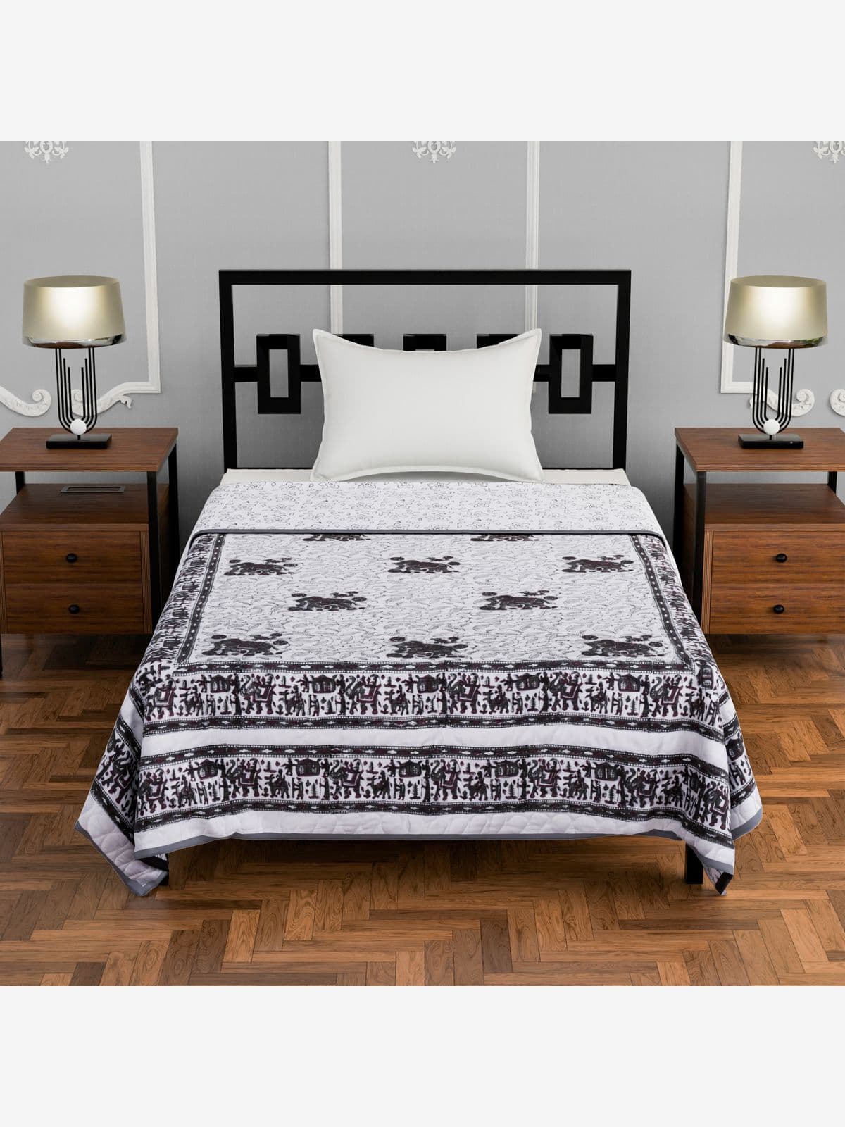 Lightweight quilted single hand block printed blanket Grey Elephants Lightweight quilted single hand block printed blanket Grey Elephants