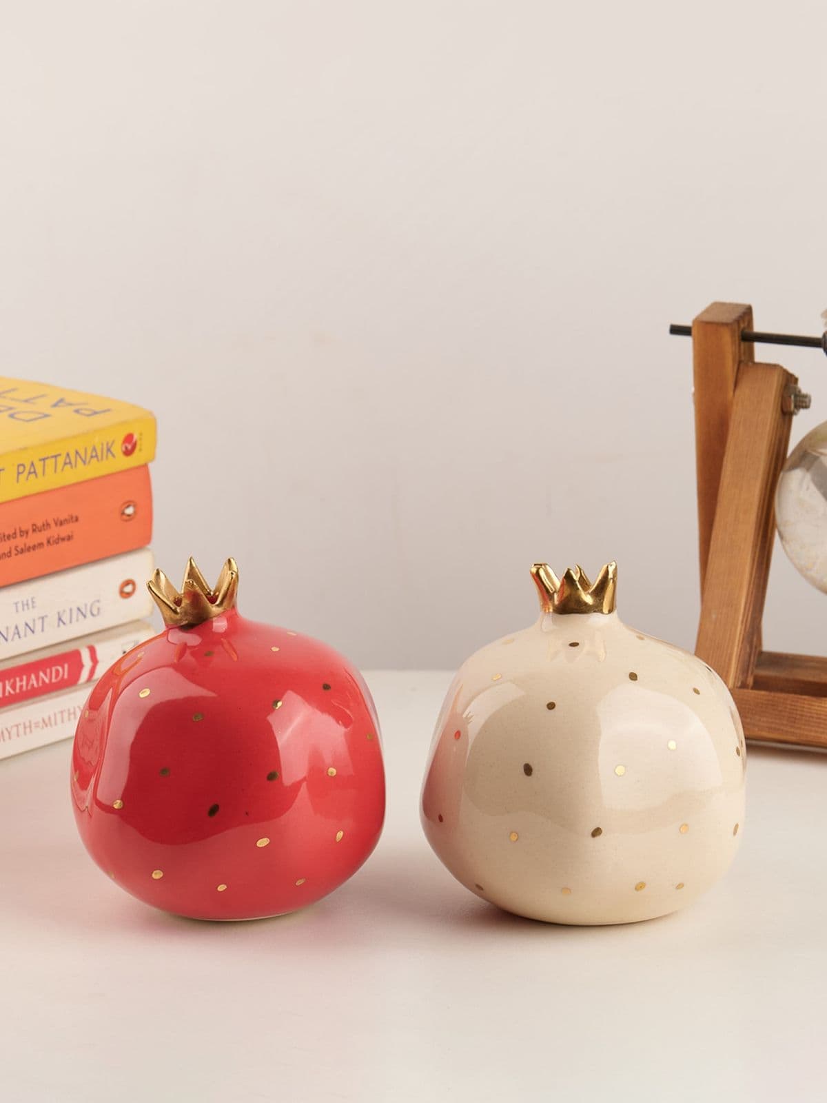 Set of 2 Ceramic Pomegranate Showpieces | Gold Plated Crown | 4 inch Set of 2 Ceramic Pomegranate Showpieces | Gold Plated Crown | 4 inch