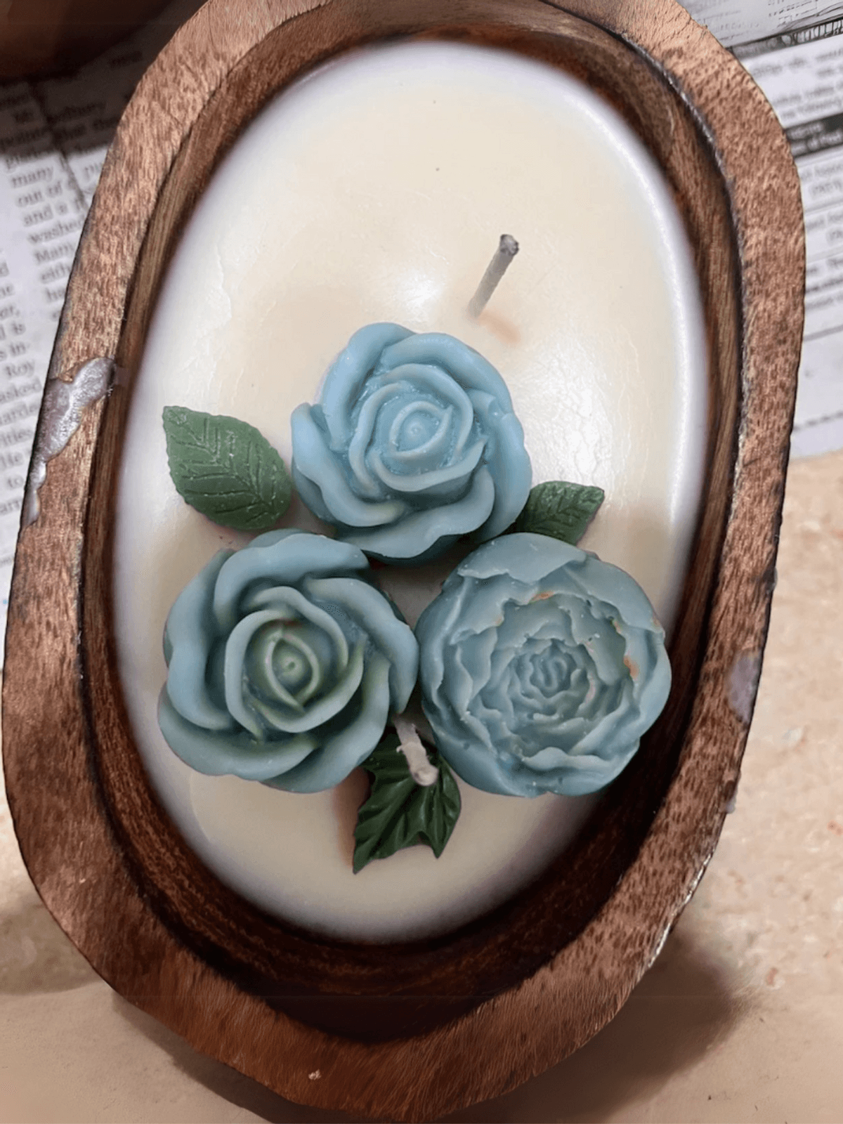 Floral Soy Candles in Wooden Bowl - Jasmine/ Rose/ Oud / Aqua - Blue - Aqua vanilla Floral Soy Candles in Wooden Bowl - Jasmine/ Rose/ Oud / Aqua - Blue - Aqua vanilla