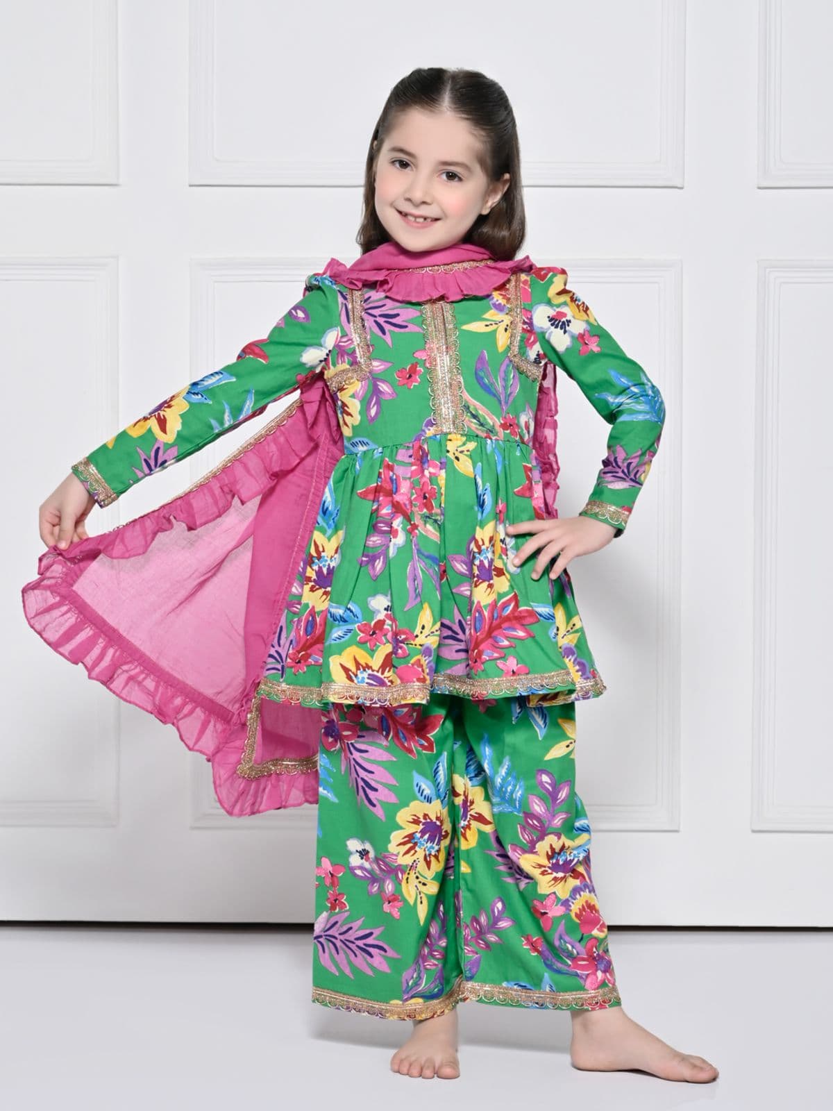 GREEN FLORAL COTTON SUIT FOR GIRLS GREEN FLORAL COTTON SUIT FOR GIRLS