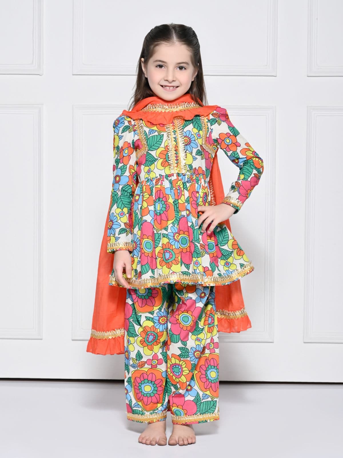 ORANGE POPPY, A BRIGHT ORANGE FLORAL PRINT COTTON SUIT FOR GIRLS ORANGE POPPY, A BRIGHT ORANGE FLORAL PRINT COTTON SUIT FOR GIRLS