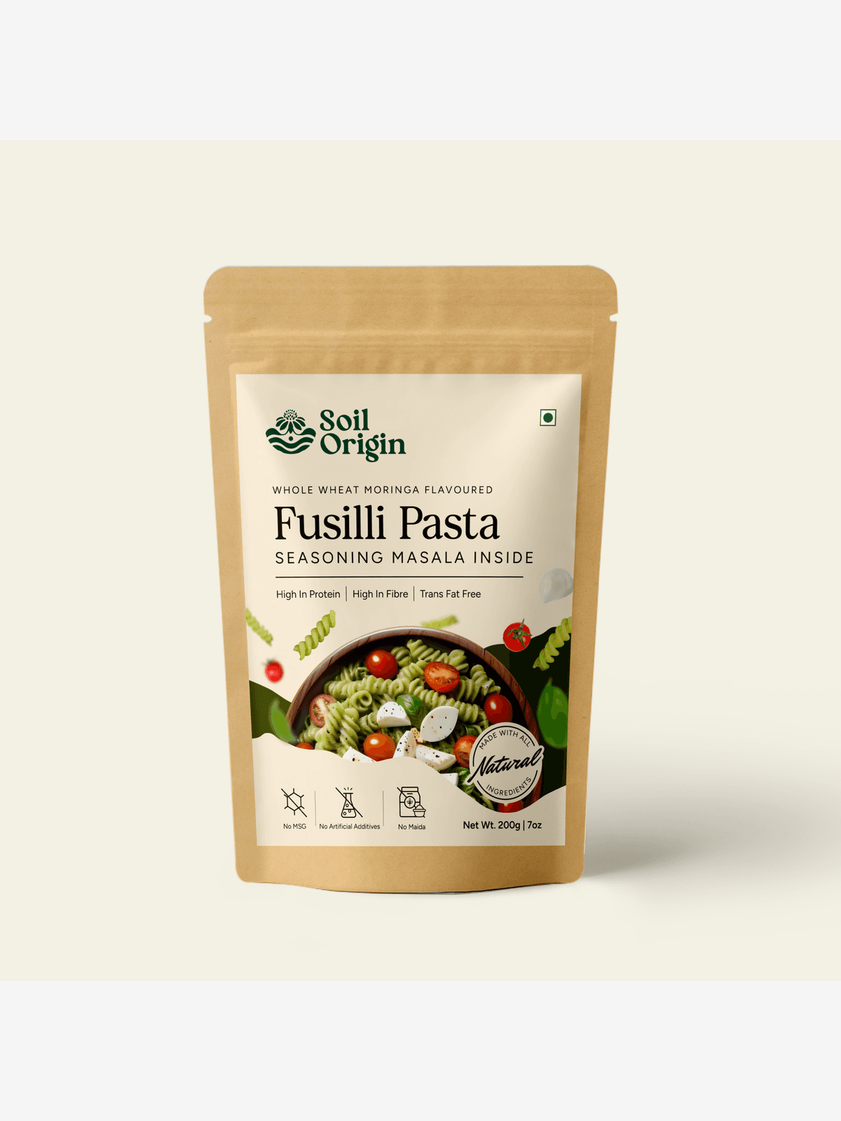 Soil Origin Whole Wheat Moringa Pasta | Seasoning Masala Inside | High in Protein | High in Fibre | Trans Fat Free - 200 Gm Soil Origin Whole Wheat Moringa Pasta | Seasoning Masala Inside | High in Protein | High in Fibre | Trans Fat Free - 200 Gm
