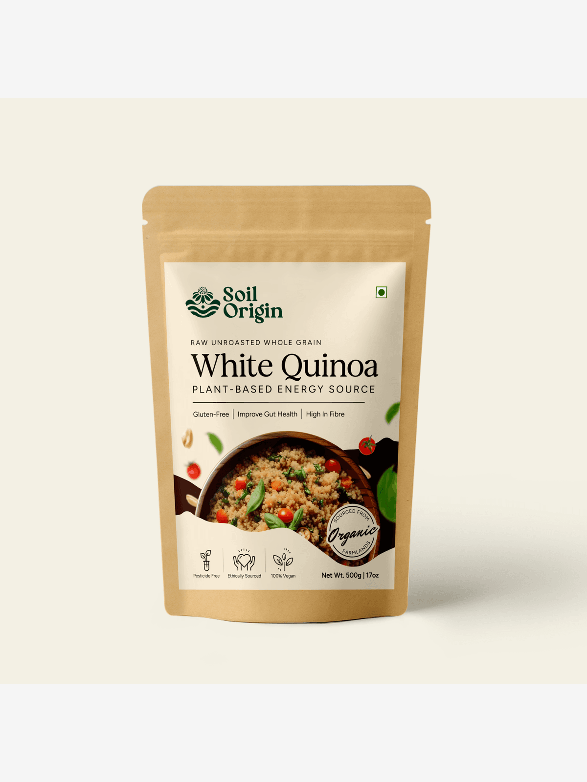 Soil Origin White Quinoa | Gluten-Free | High in Fibre | Breakfast Cereal - 500 Gm Soil Origin White Quinoa | Gluten-Free | High in Fibre | Breakfast Cereal - 500 Gm