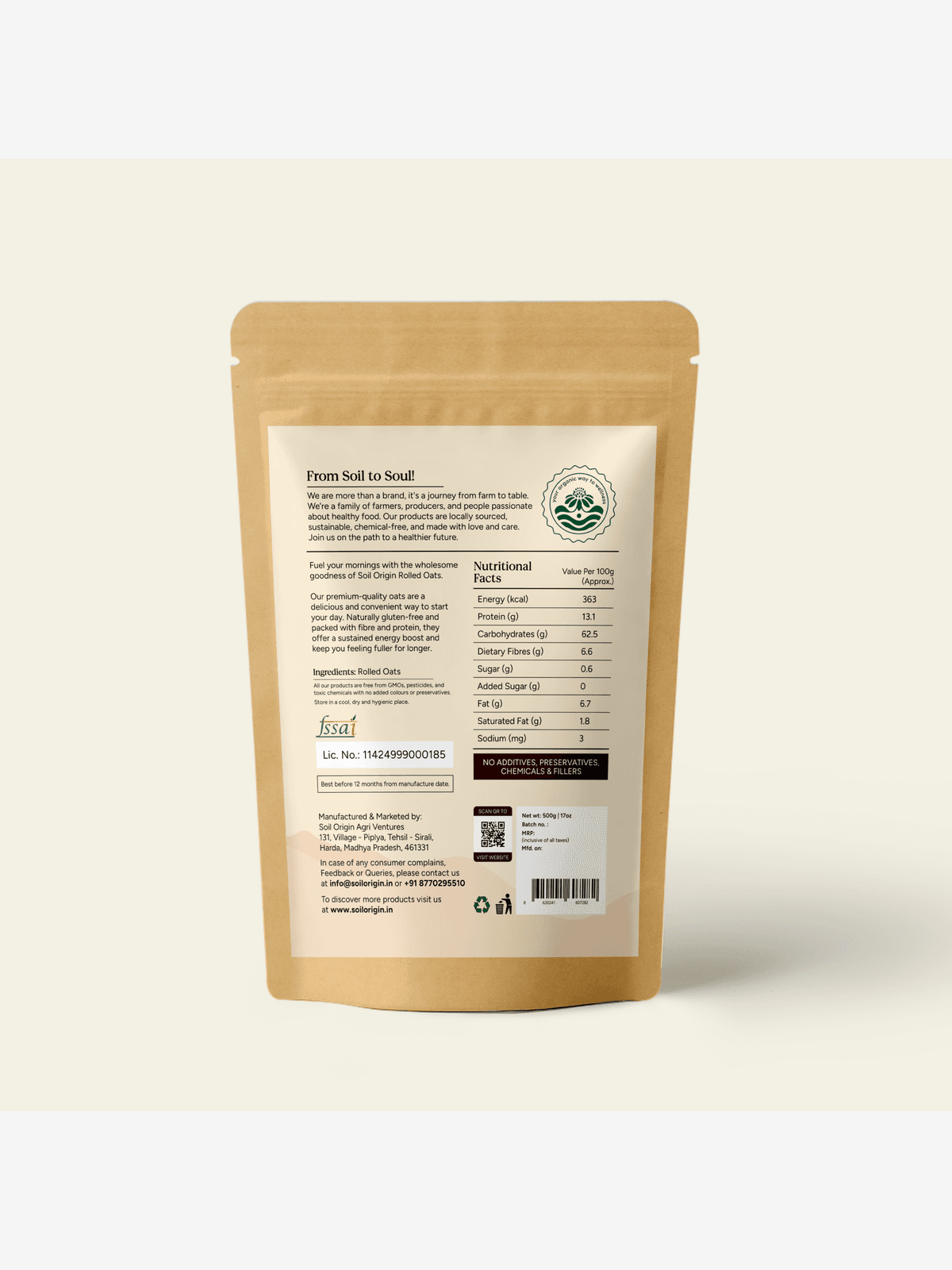 Soil Origin Organic Rolled Oats| Oats For Weight Management| Diet Food - 500g Soil Origin Organic Rolled Oats| Oats For Weight Management| Diet Food - 500g